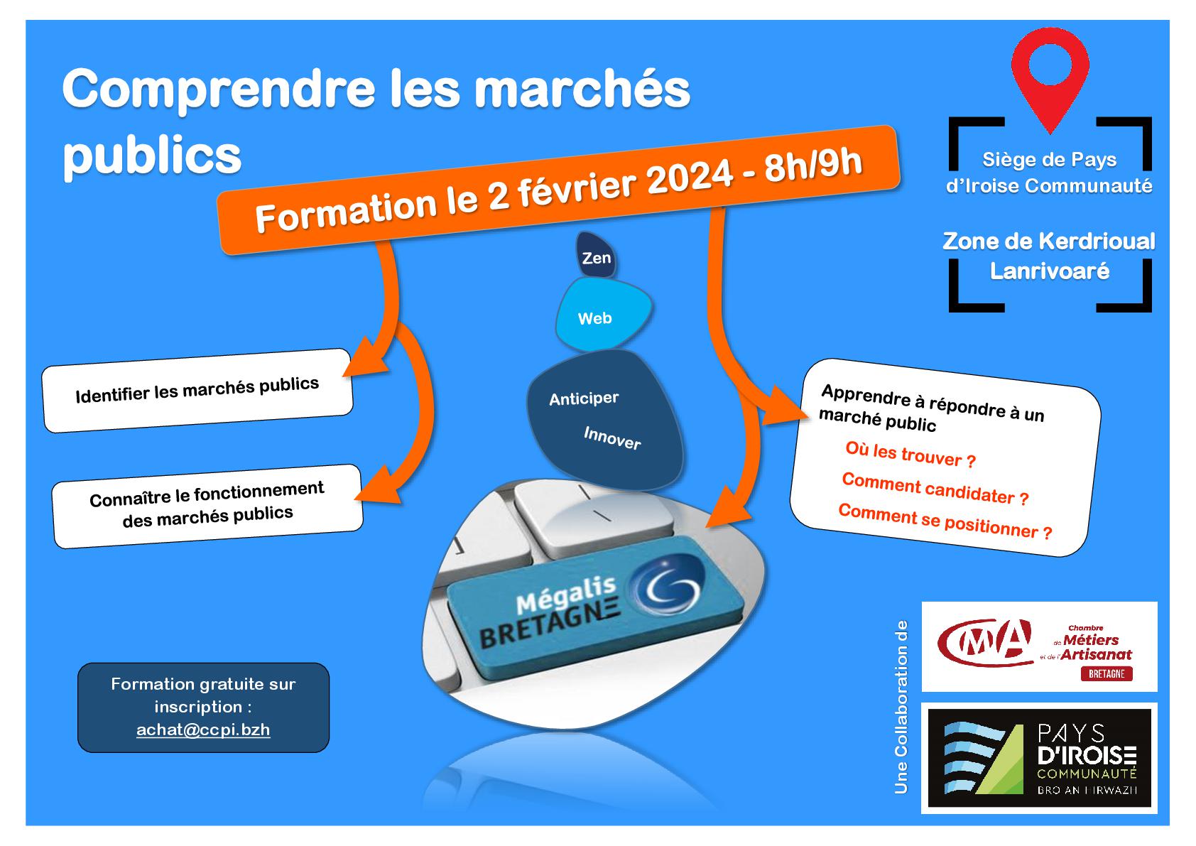 Affiche comprendre les marchés publics : formation le 2 février 2024 de 8h à 9h