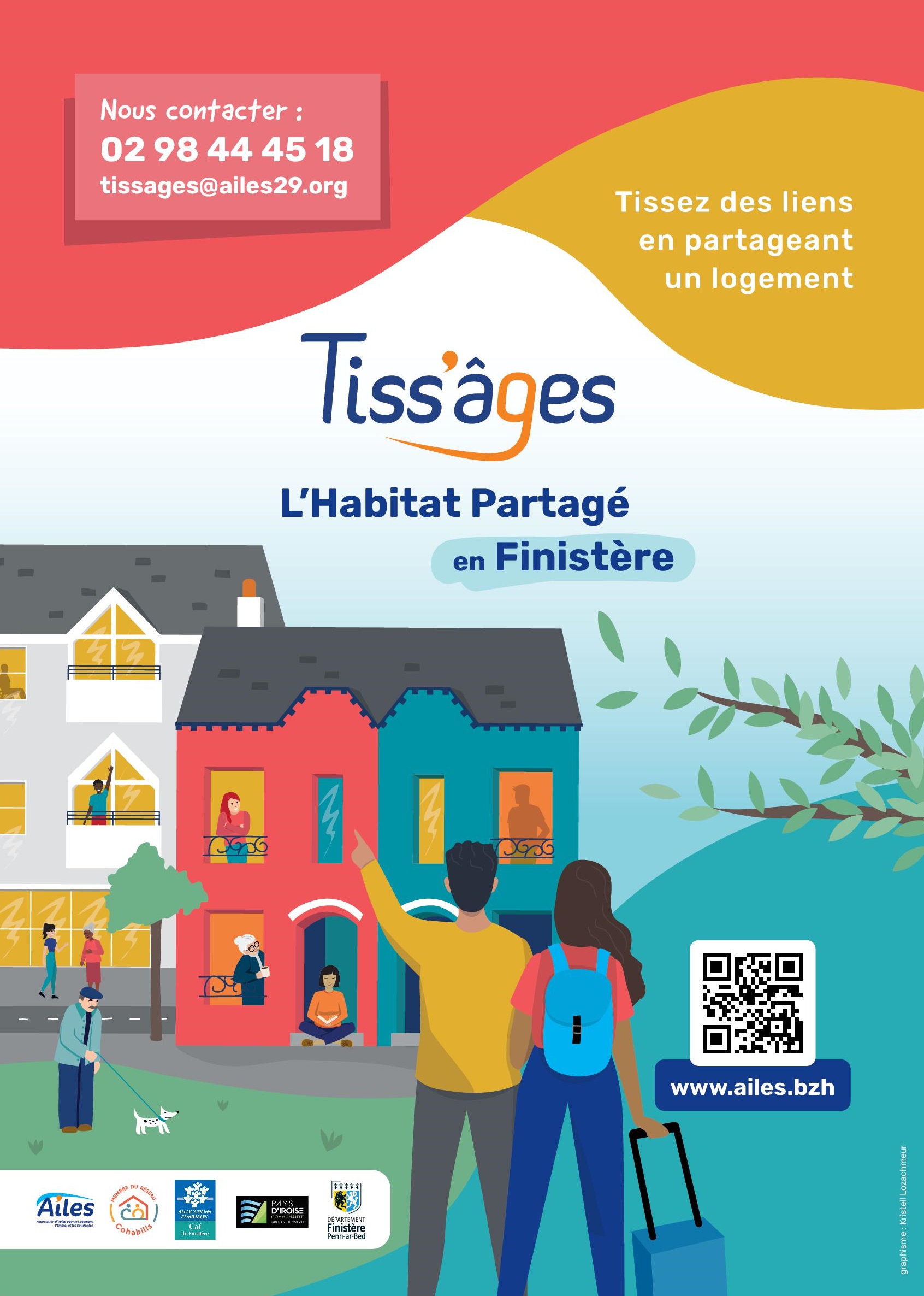 Image de l'hébergement partagé Tiss'âges, en premier plan un jeune homme et une jeune femme de dos portant un sac à dos et une valise à la main, en second plan, un monsieur âgé promène son chien, et derrière des appartements avec des personnes aux fenêtres.